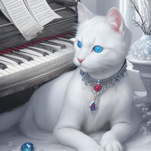 AI generated: Award winning, realistic detailed color photo of a white cat with blue ruby jewels, an exquisite fel...