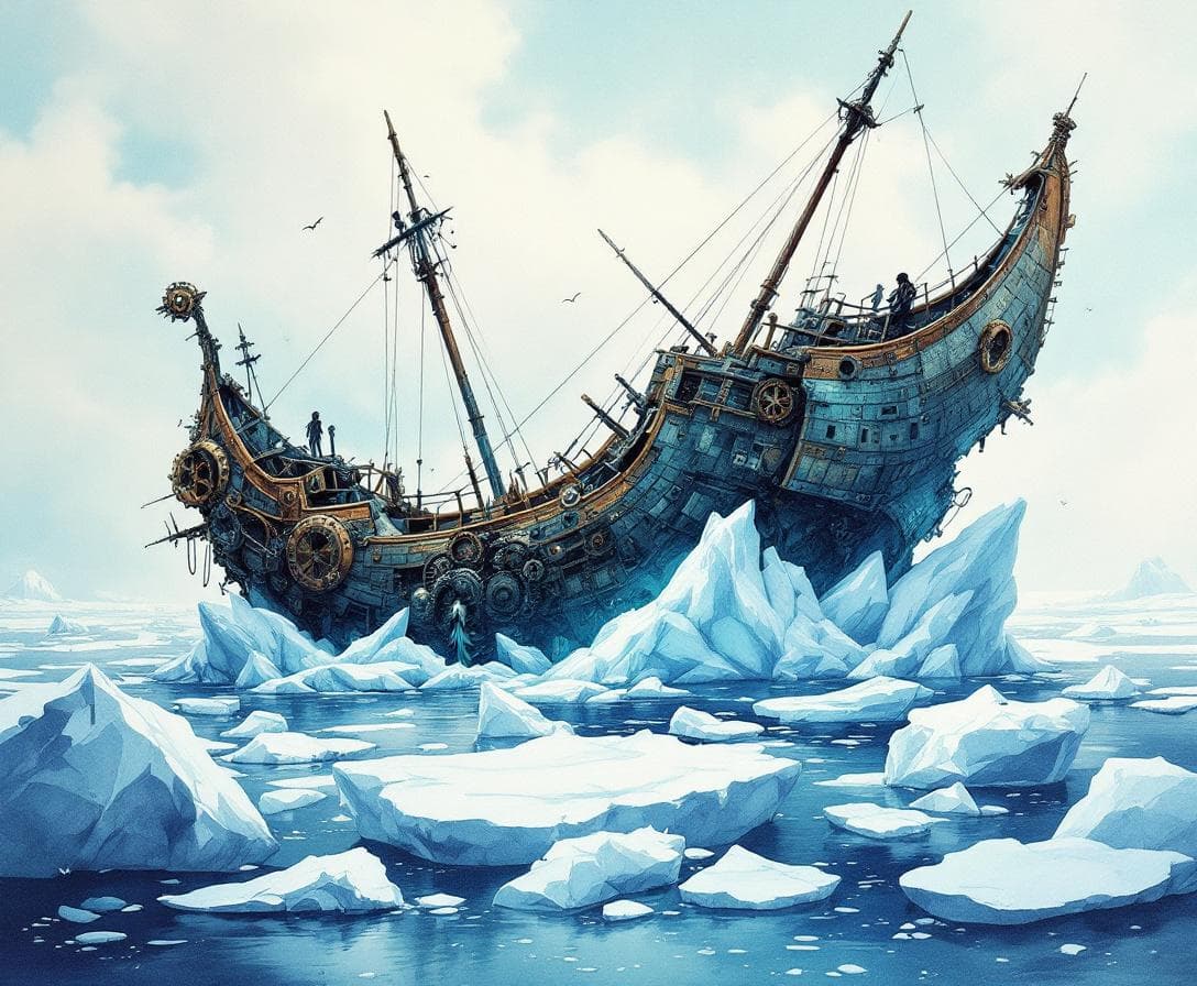AI generated: A composite blend of adventure fantasy Illustration of a shipwrecked ancient decrepit broken in half...