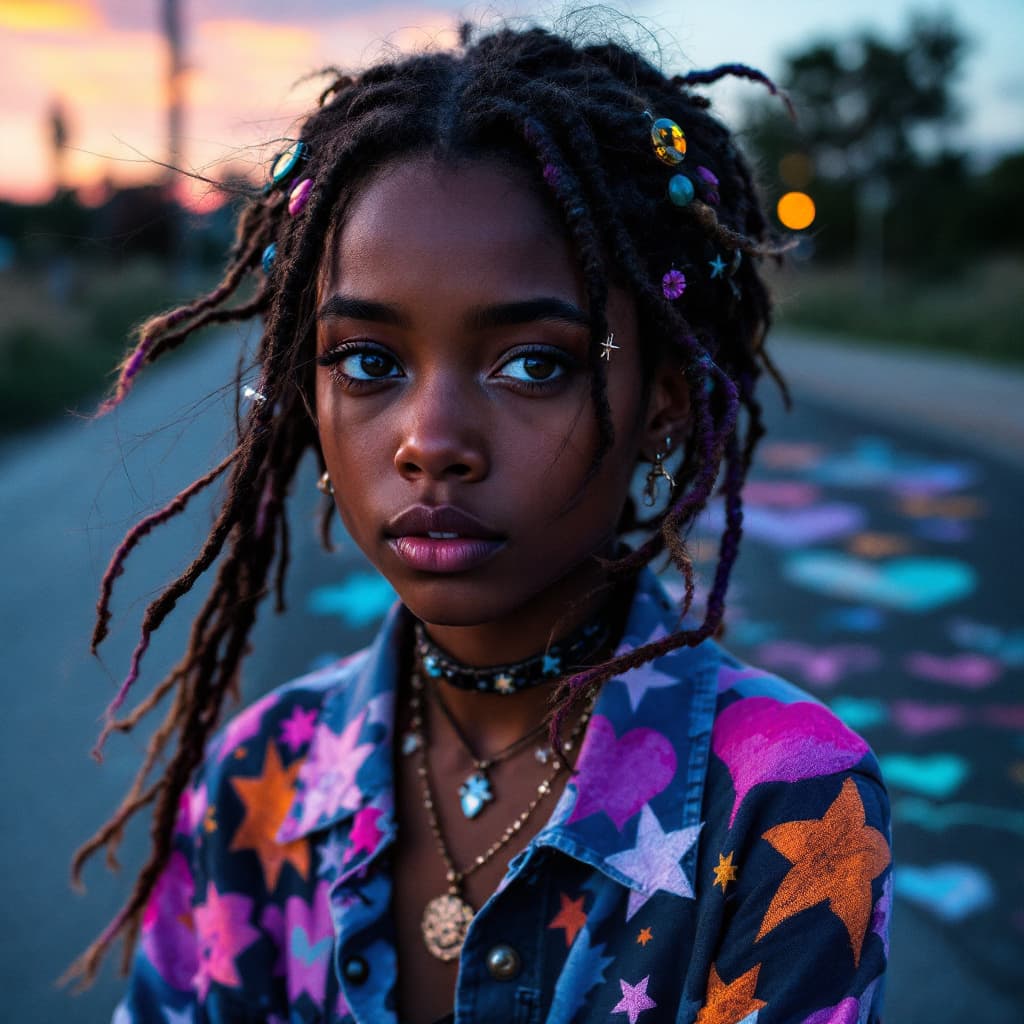 AI generated: Smoky-eyed girl with multicolored dreadlocks and vintage pins, windswept against twilight, overlayed...