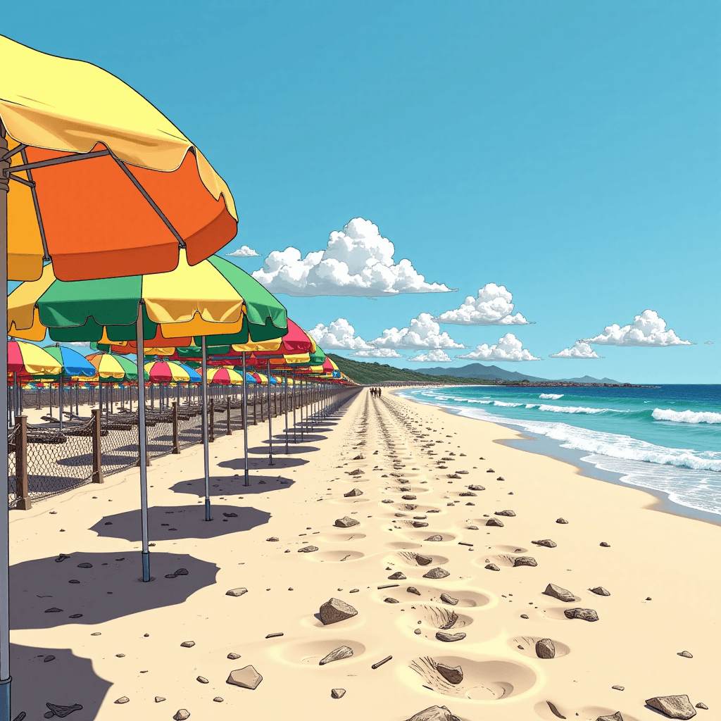 AI generated: An endless line of colorful sun umbrellas stretches along a pristine beach, each umbrella uniquely r...