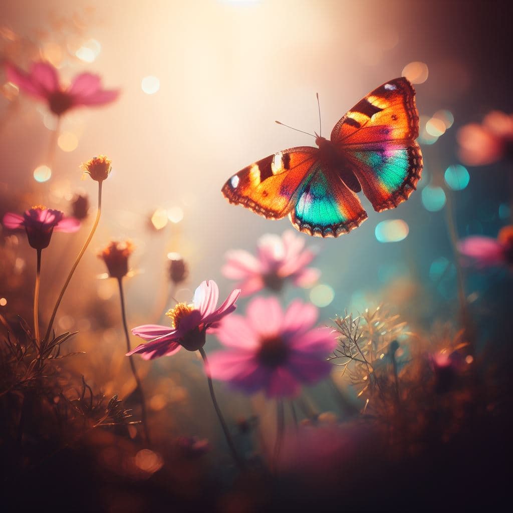 AI generated: A colorful rainbow butterfly on a flower, f:1.2,4k, soft sun lighting