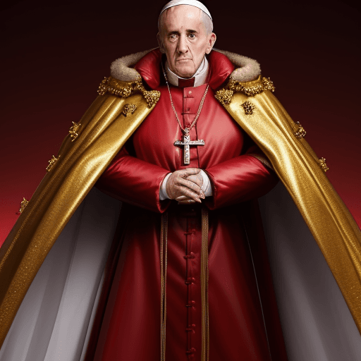 AI generated: The Pope wearing a full length red down shiny puffy jacket, gold cross jewelry, gold rings --q 5 --v...
