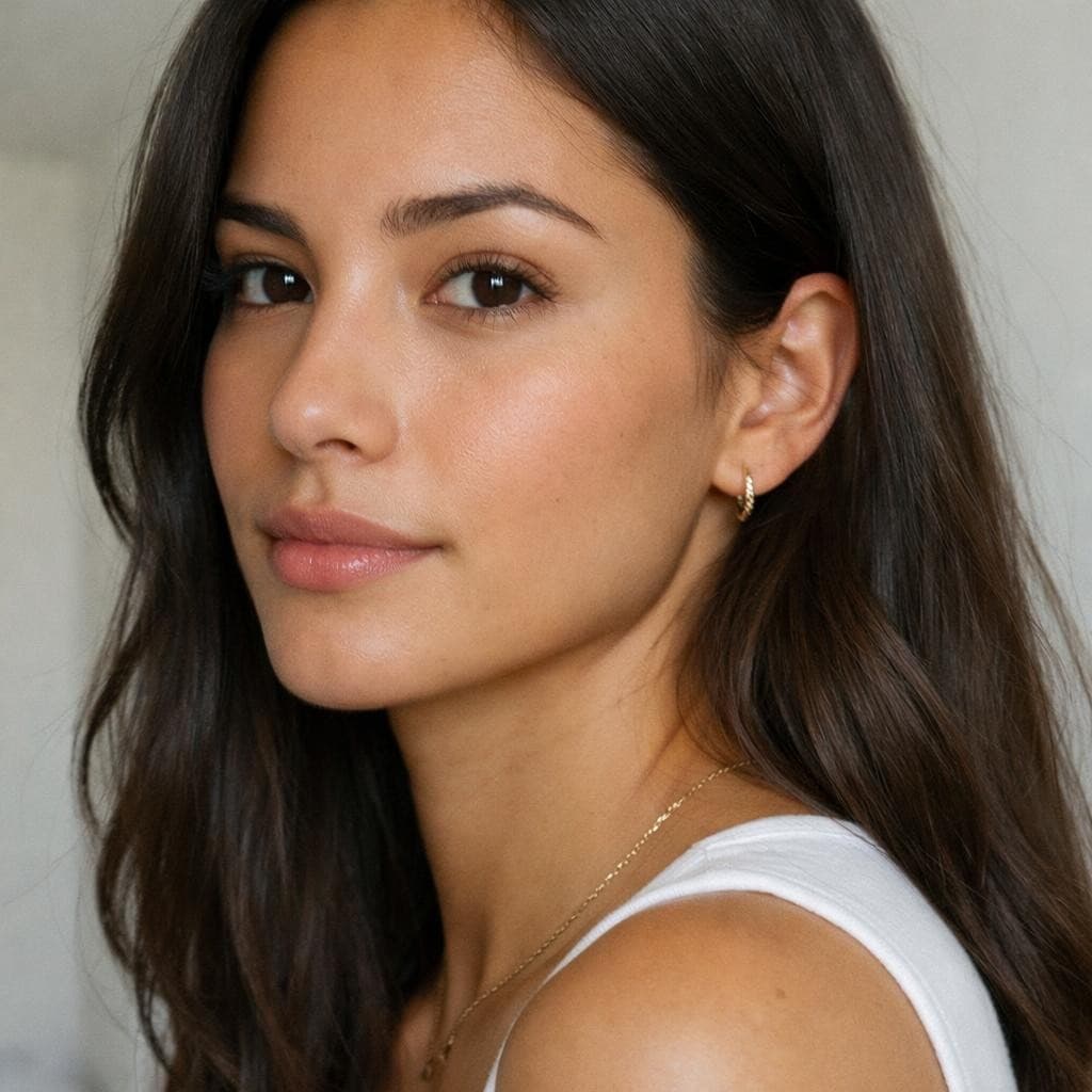 AI generated: ultra realistic young woman, 23 years old, natural beauty, oval face, almond-shaped dark brown eyes,...