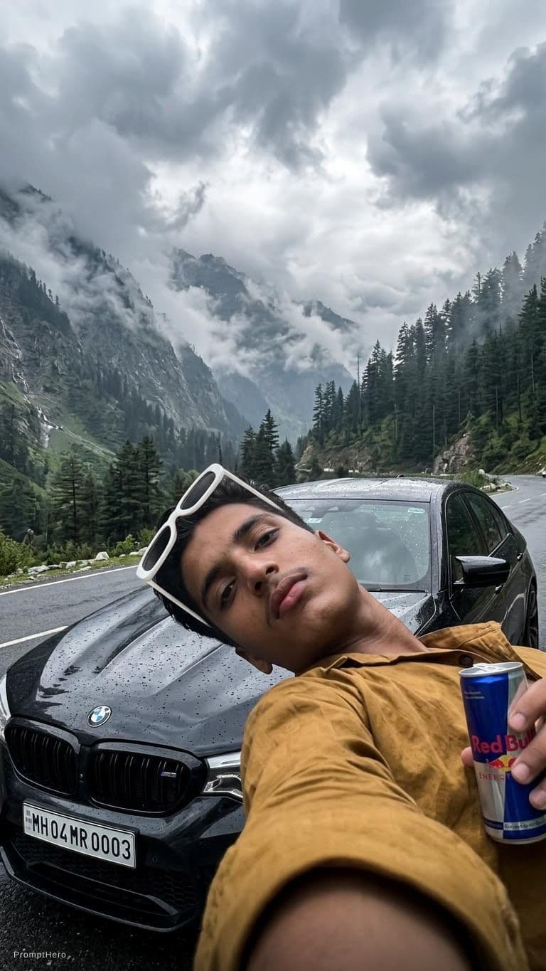 AI generated: Ultra-realistic 8K photo, my face preserved 100% exactly as uploaded. Young man leaning near the hoo...