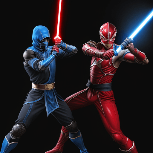 AI generated: a tall black and blue ninja that looks like sub-zero with a sword and red belt. versus a man in a RE...