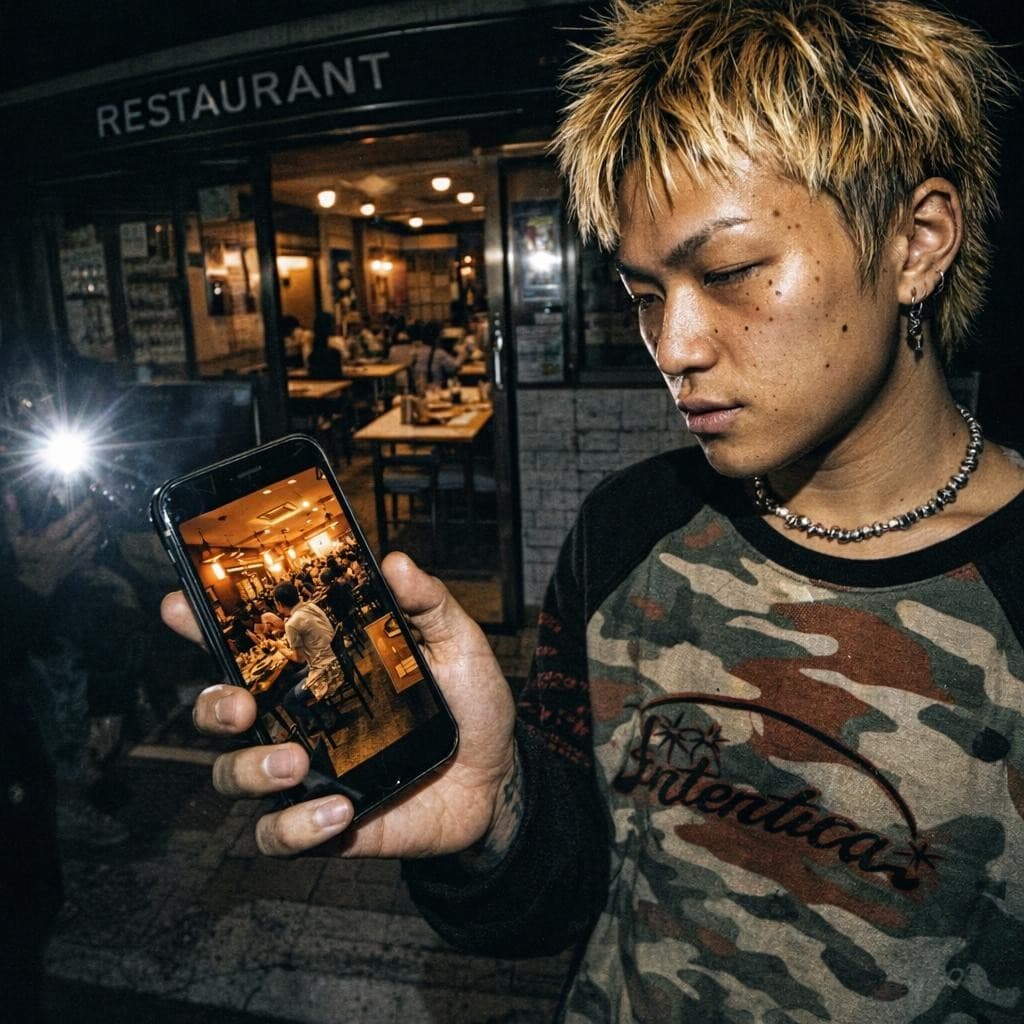 AI generated: urban restaurant exterior at night, harsh direct flash photography, gritty candid street scene

a pe...