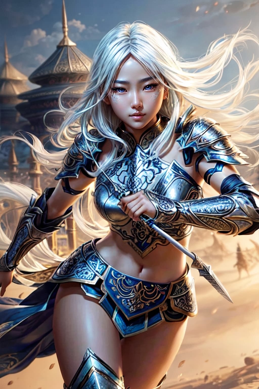 AI generated: beautiful young asian girl warrior, detailed gorgeous face, beautiful eyes, full body, olive skin, m...