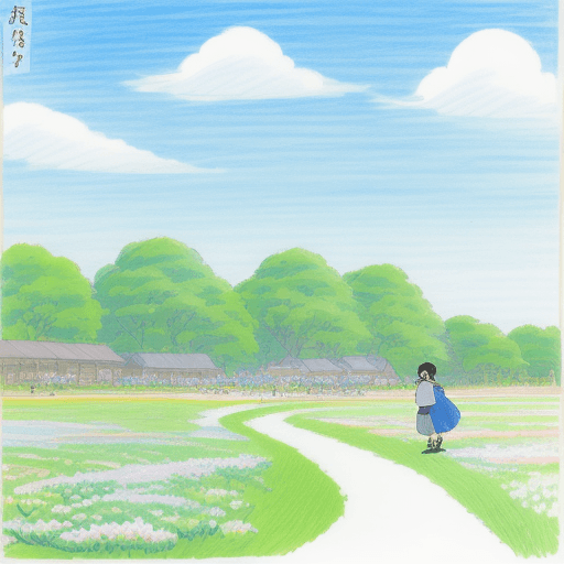 AI generated: People celebrate Spring. Blue sky. Springtime. Studio Ghibli style drawing. 