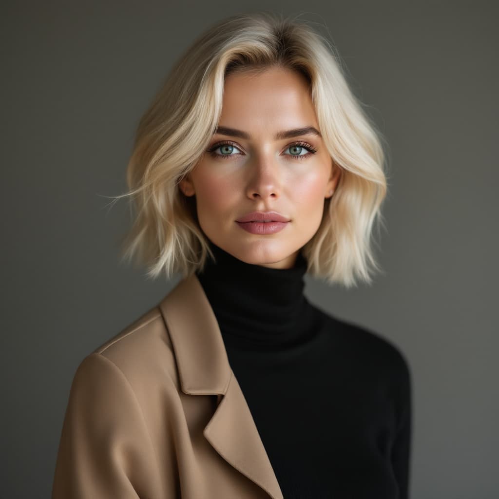 AI generated: A 31-year-old German woman with warm beige skin and pale blonde bob, wearing a tailored black turtle...