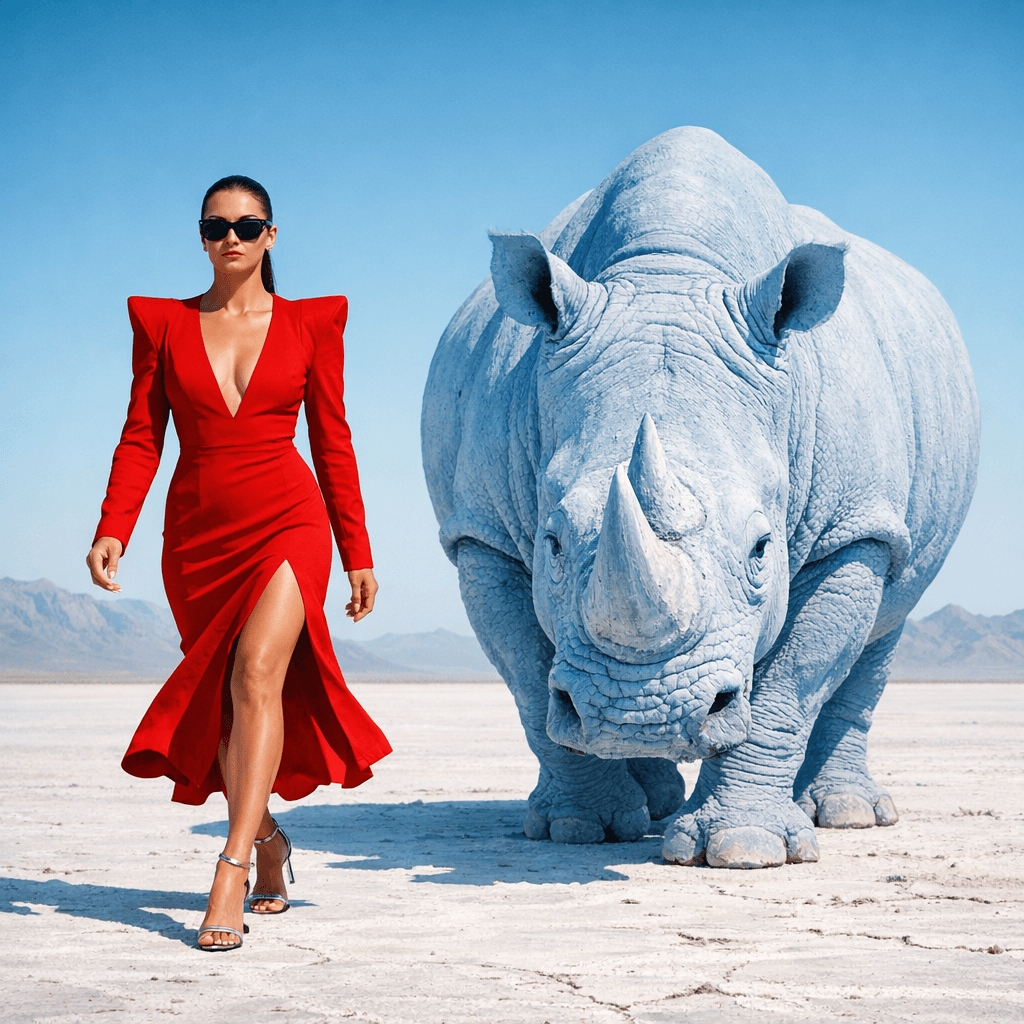 AI generated: {
  "scene": {
    "type": "editorial fashion surrealism",
    "location": "barren white desert with...