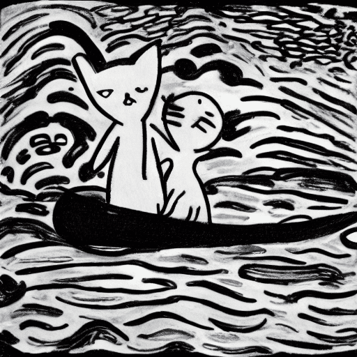 AI generated: Tove Jansson black and white style : : storm, rocks, night, one cat in a kayak : : --hd