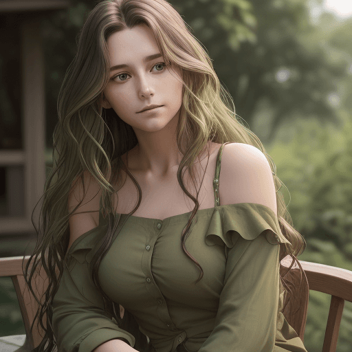 AI generated: A woman seated outdoors, leaning slightly forward with long wavy hair cascading over her shoulders. ...