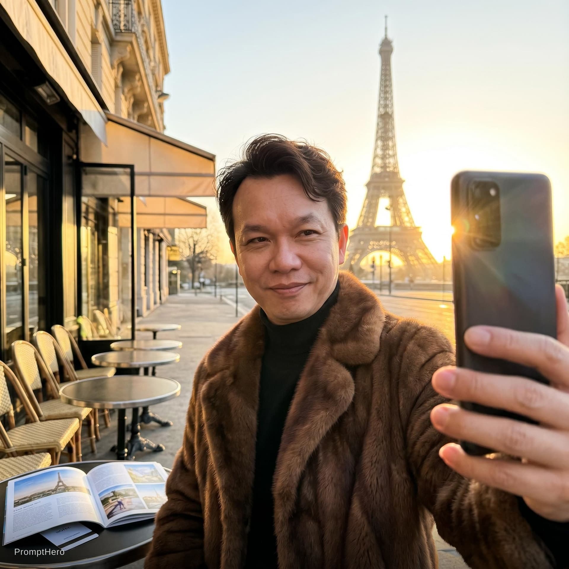 AI generated: A selfie of a man wearing an elegant fur coat, standing in front of the Eiffel Tower at sunrise. He ...