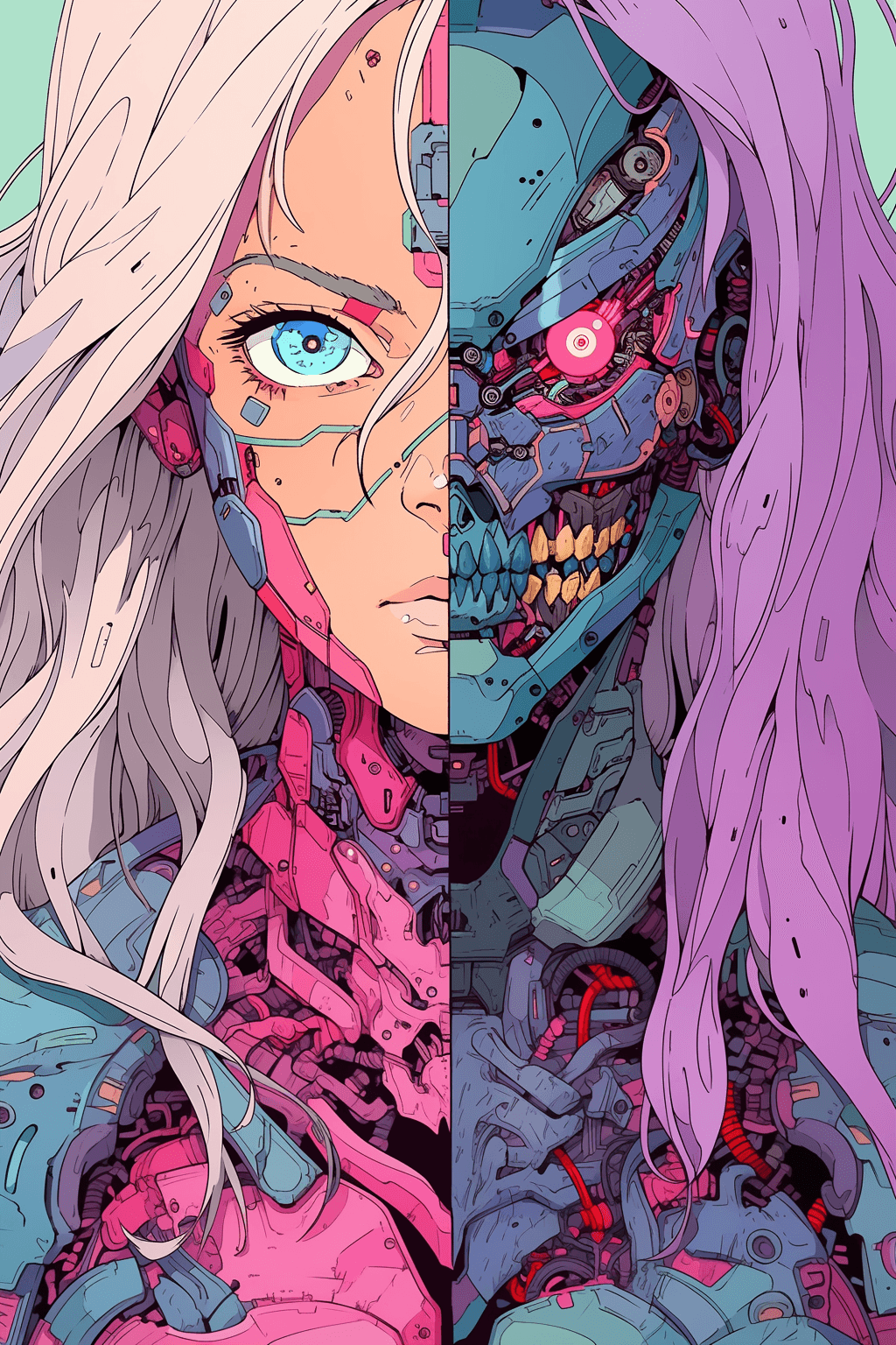 AI generated: A terrorific and beautiful female cyborg with half face destroyed, Moebius art style, close up portr...
