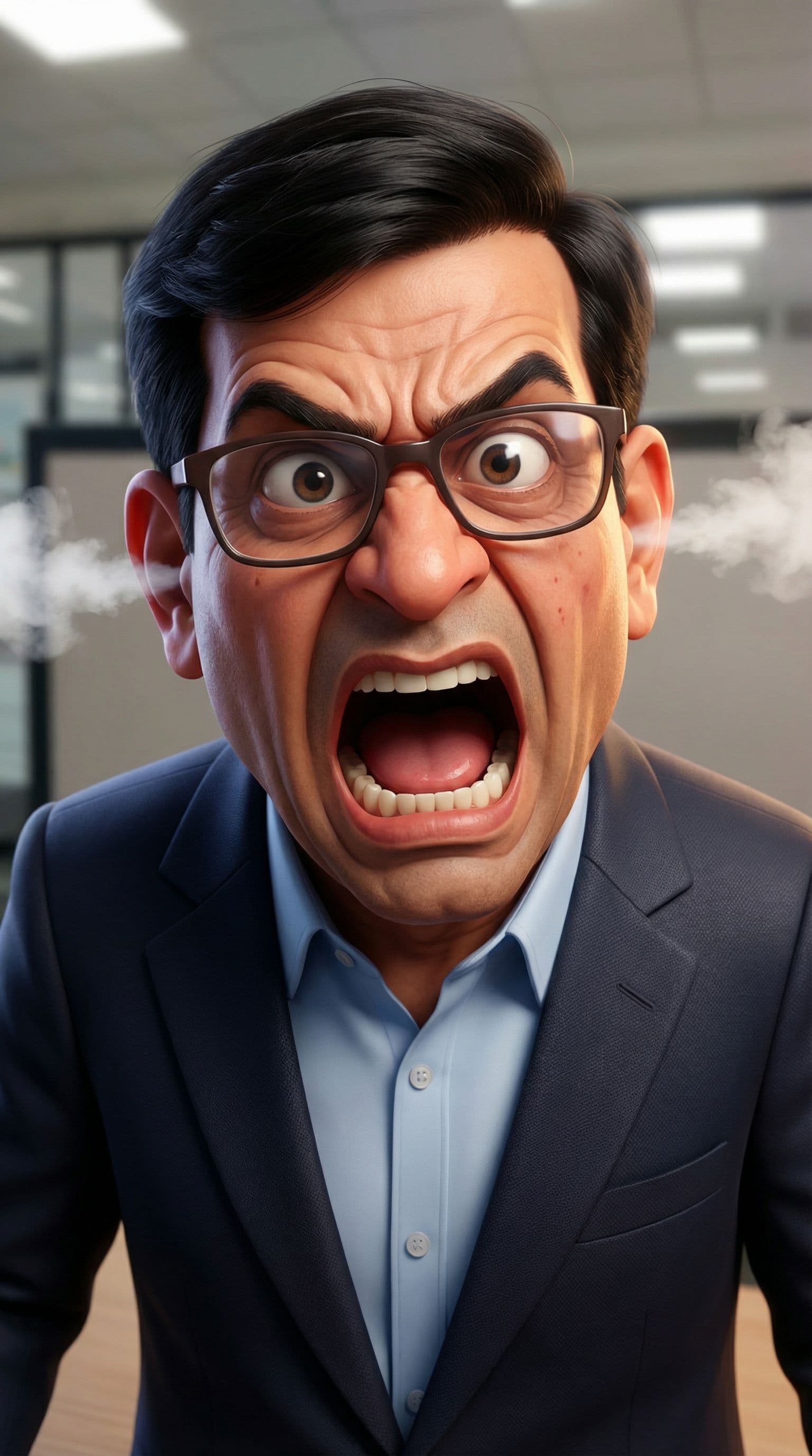 AI generated: a man in a business suit with a very angry expression, in the style of unreal engine 5, cartoonish c...
