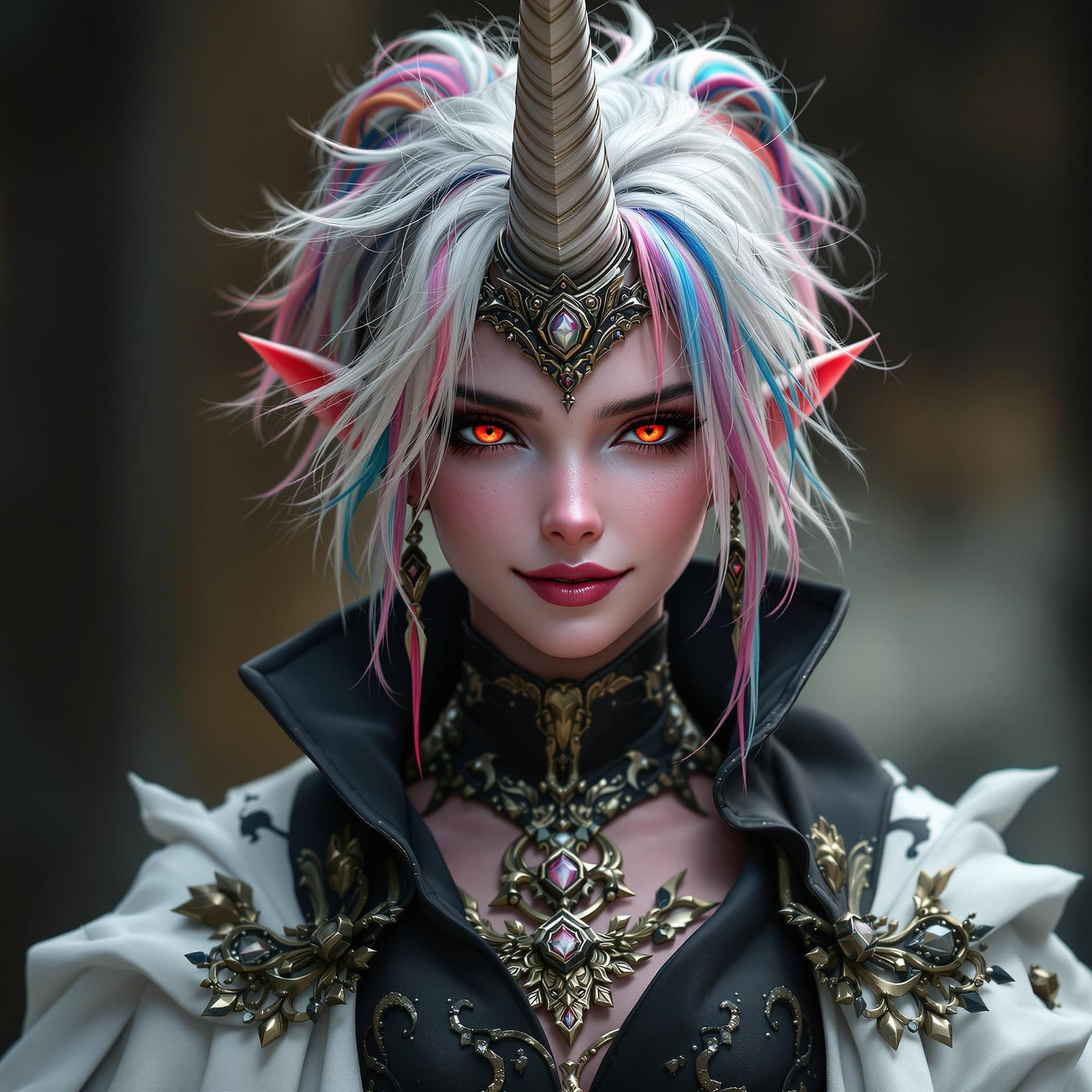 AI generated: ultra realistic female warlock, wearing dark white komono robe!!! short rainbow messy hairdo!! pink ...
