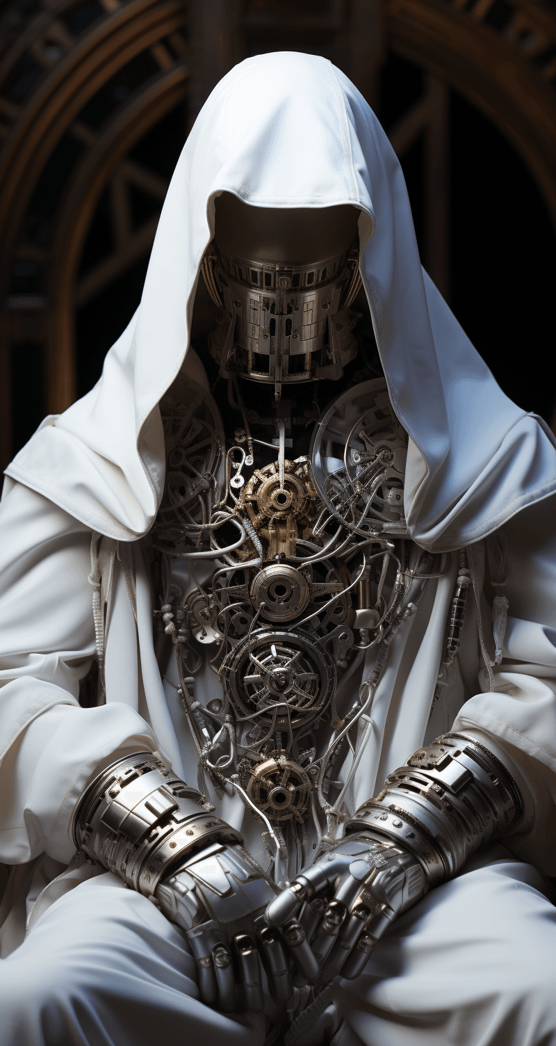 AI generated: the body of a man being simulated in white hood, in the style of cyberpunk imagery, mechanical desig...