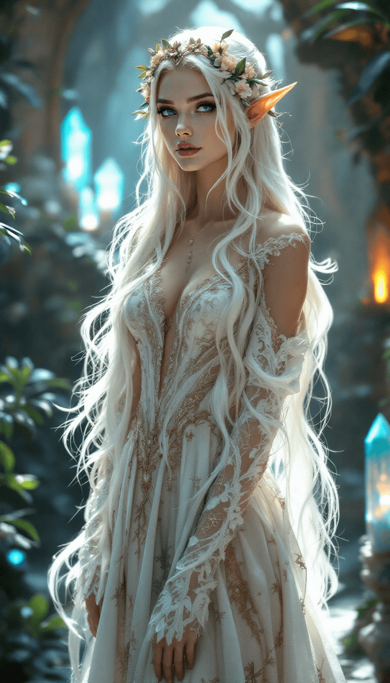 AI generated: A majestic elf queen with long, flowing, platinum blonde hair, often adorned with delicate flowers a...