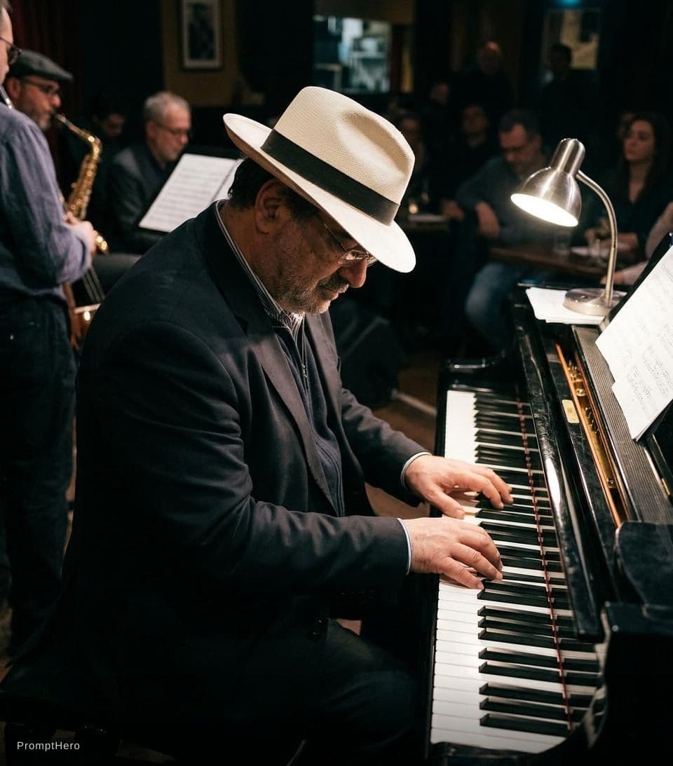 AI generated: portrait capturing the essence of a pianist with white hat from an overhead perspective. Focus on th...