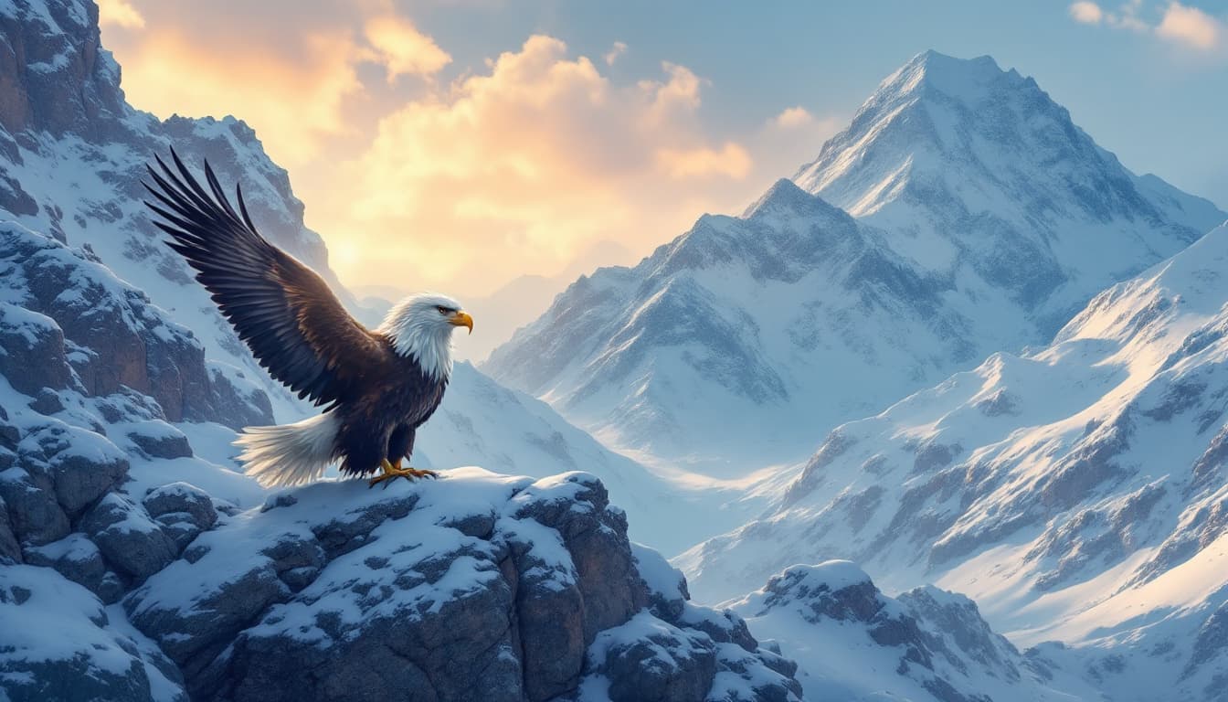 AI generated: eagle and lion in snow mountain
