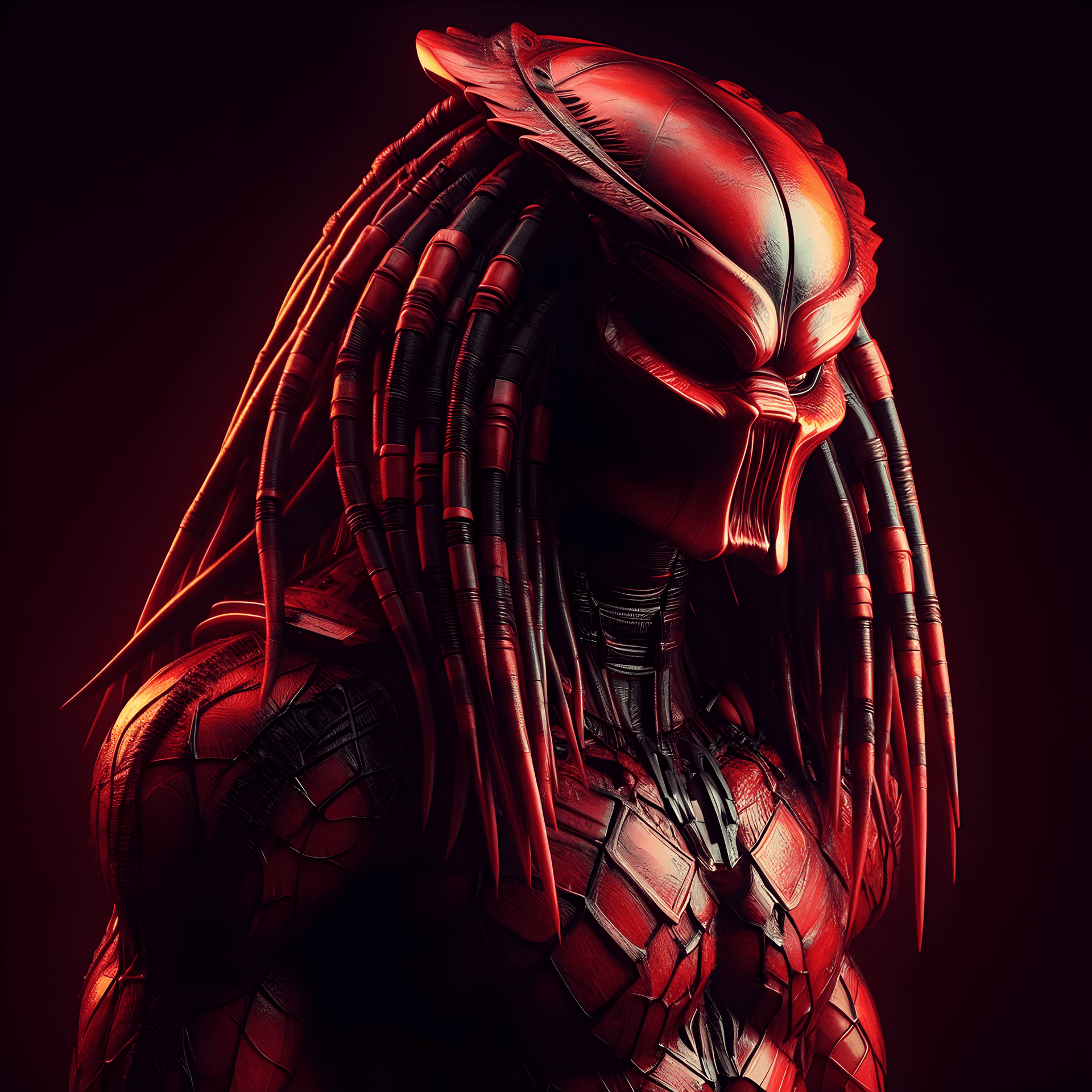 AI generated: Predator, Digital 3D modeling and rendering, Digital art, Contemporary era, Predominantly red and or...