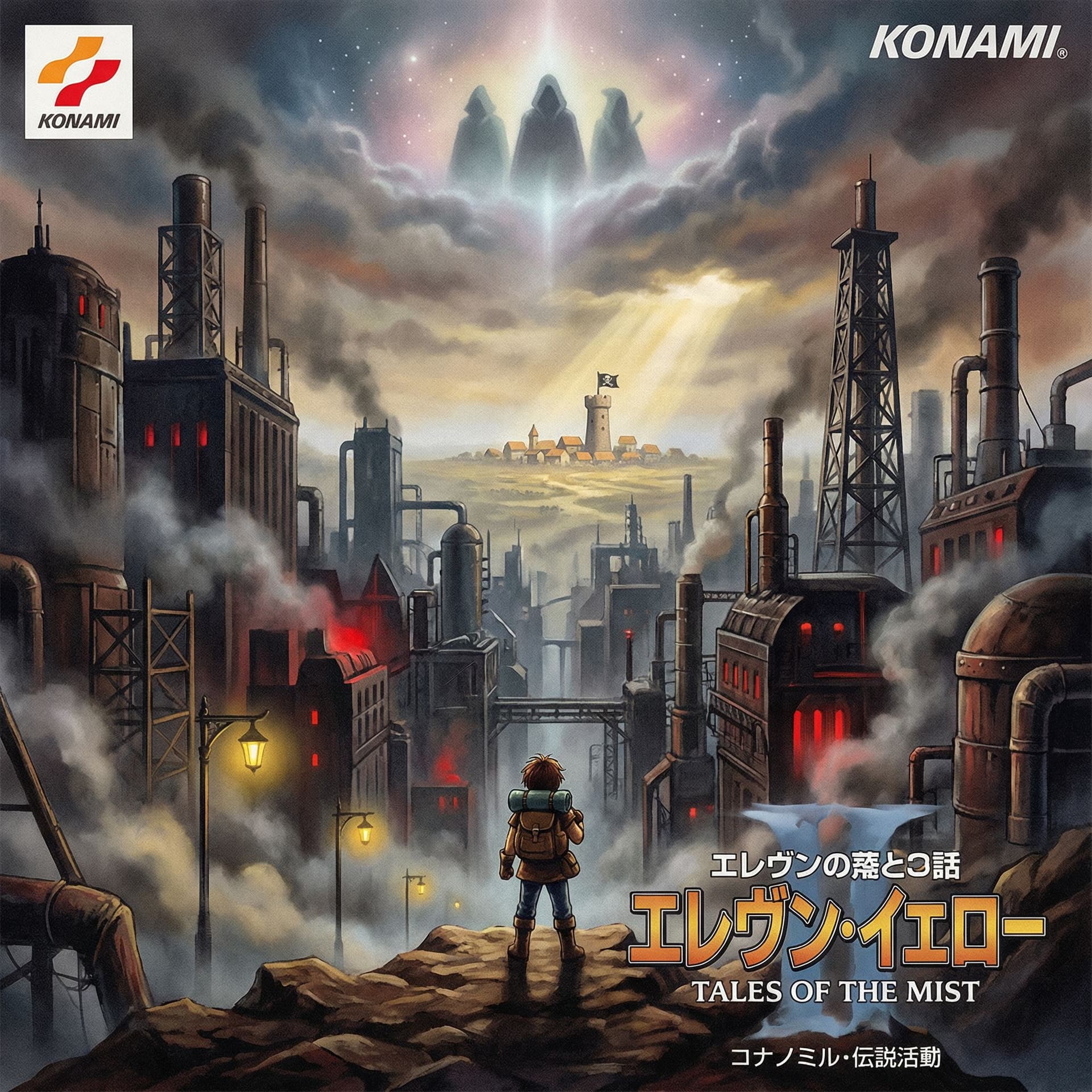 AI generated: Japanese 1990s RPG box art illustration, Konami-style hand-painted airbrush art, romantic compositio...