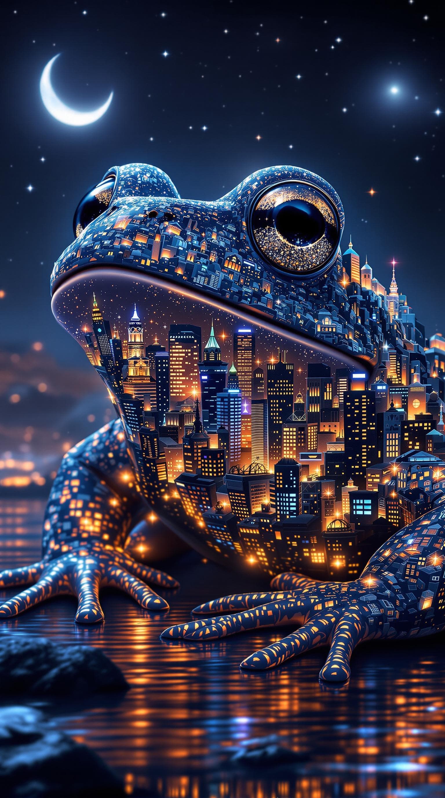 AI generated: "Create a stunning, hyper-realistic image of a frog at night, with a beautiful city etched into its ...