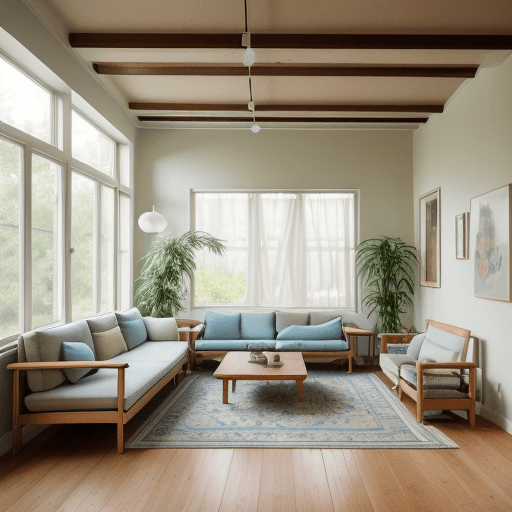AI generated: High resolution photography interior design, dreamy sunken living room conversation pit, wooden floo...