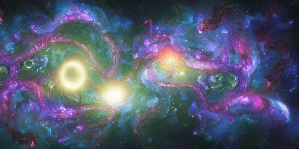 AI generated: raytraced render and digital painting a scene of two black holes stripping each other, by  kinkade, ...