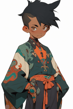 AI generated: Over The Shoulder of a anime mischievous yokai boy wearing emerald-green and sleek indigo clothing w...
