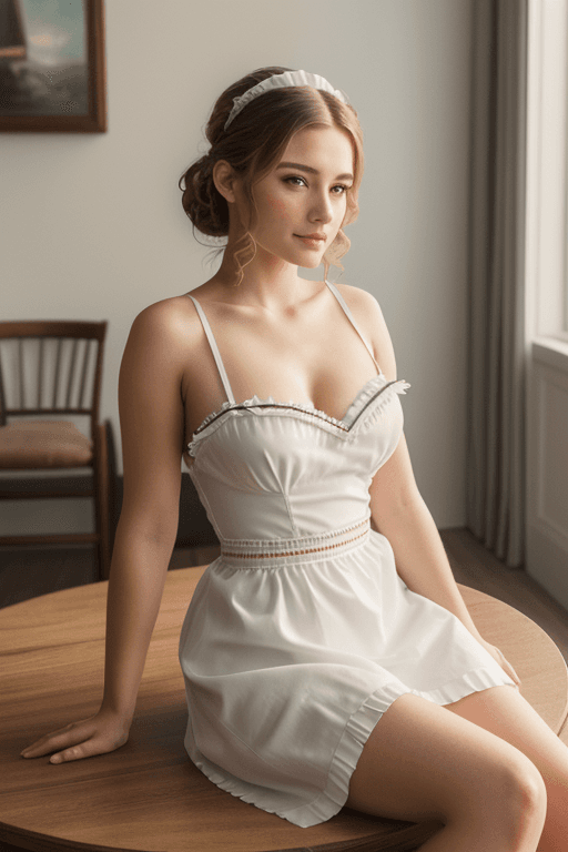 AI generated: gorgeous caucasian female dressed as maid,light golden-brown hairs,housemaid, sitting on the table, ...