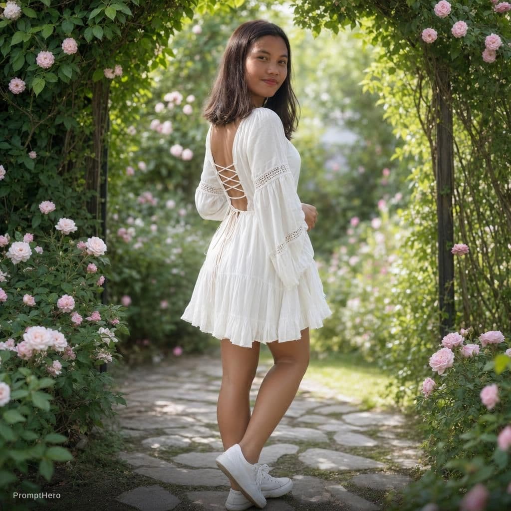 AI generated: {
  "title": "Garden portrait in white dress",
  "version": "1.0",
  "aspect_ratio": "3:4",
  "o...