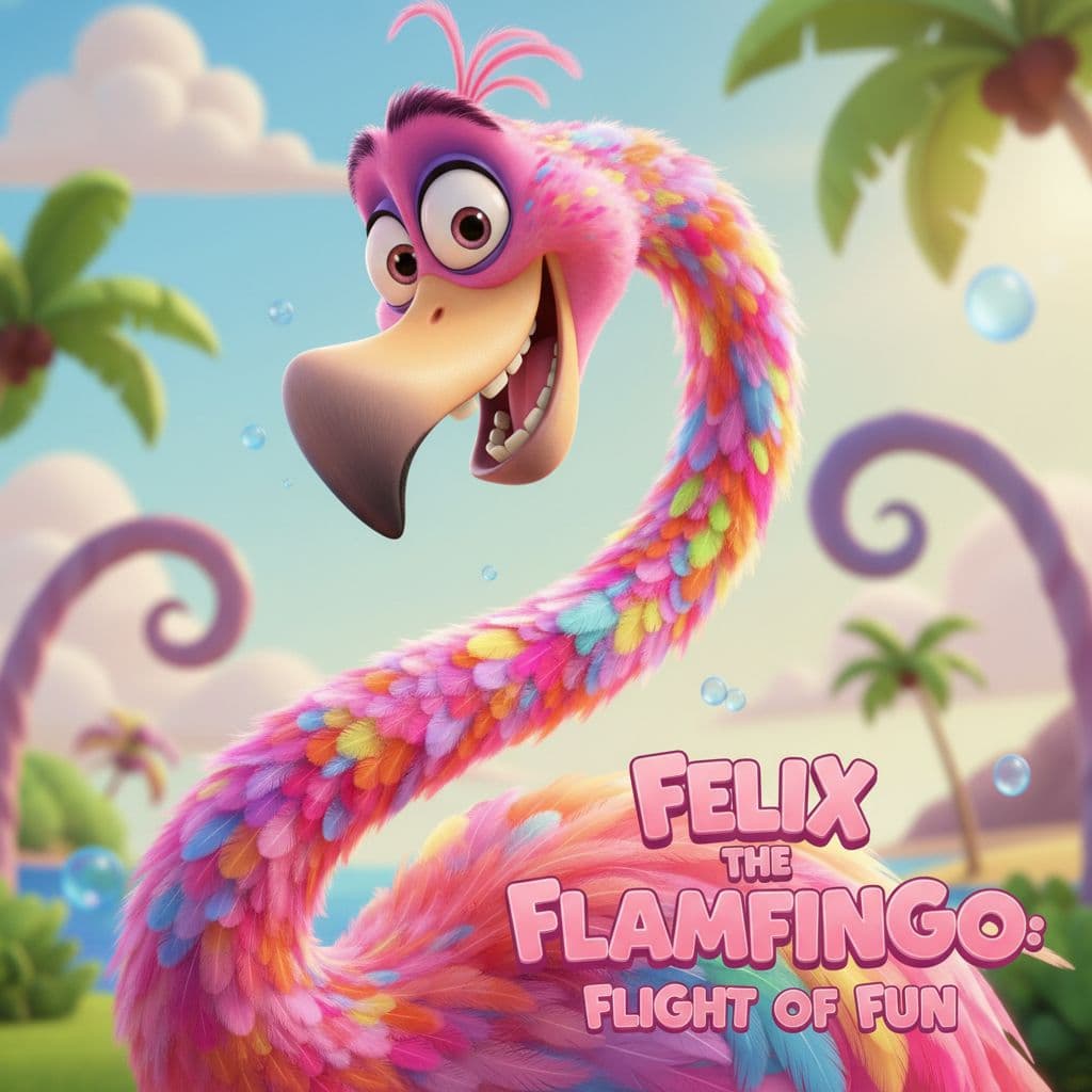 AI generated: Funny cartoon Flamingo with a long neck, expressive big eyes, colorful feathers (pastel and bright t...