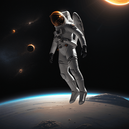 AI generated: infinite black outer space/epic extreme long shot of an astronaut in a futuristic space suit suspend...