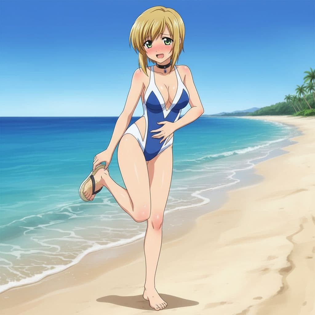 AI generated: He on swimsuit and he is femboy, he his first hand take off his sandal but his second foot is bare b...