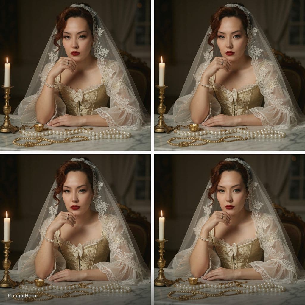 AI generated: PROMT 1
Reference image: uploaded photo.
A woman sitting elegantly on a marble table covered in scat...