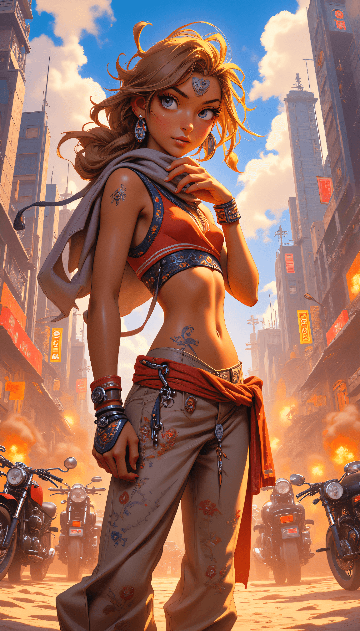 AI generated: anime artwork A desert nomad with sun-kissed skin adjusts her ornate crop top and flowing pants whil...