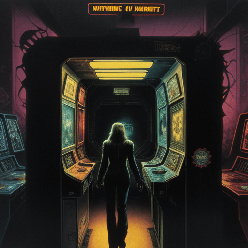 AI generated: Lost in the The Nightmare Arcade, 1970s sci-fi novel cover painting, sharp detail, high quality scan...