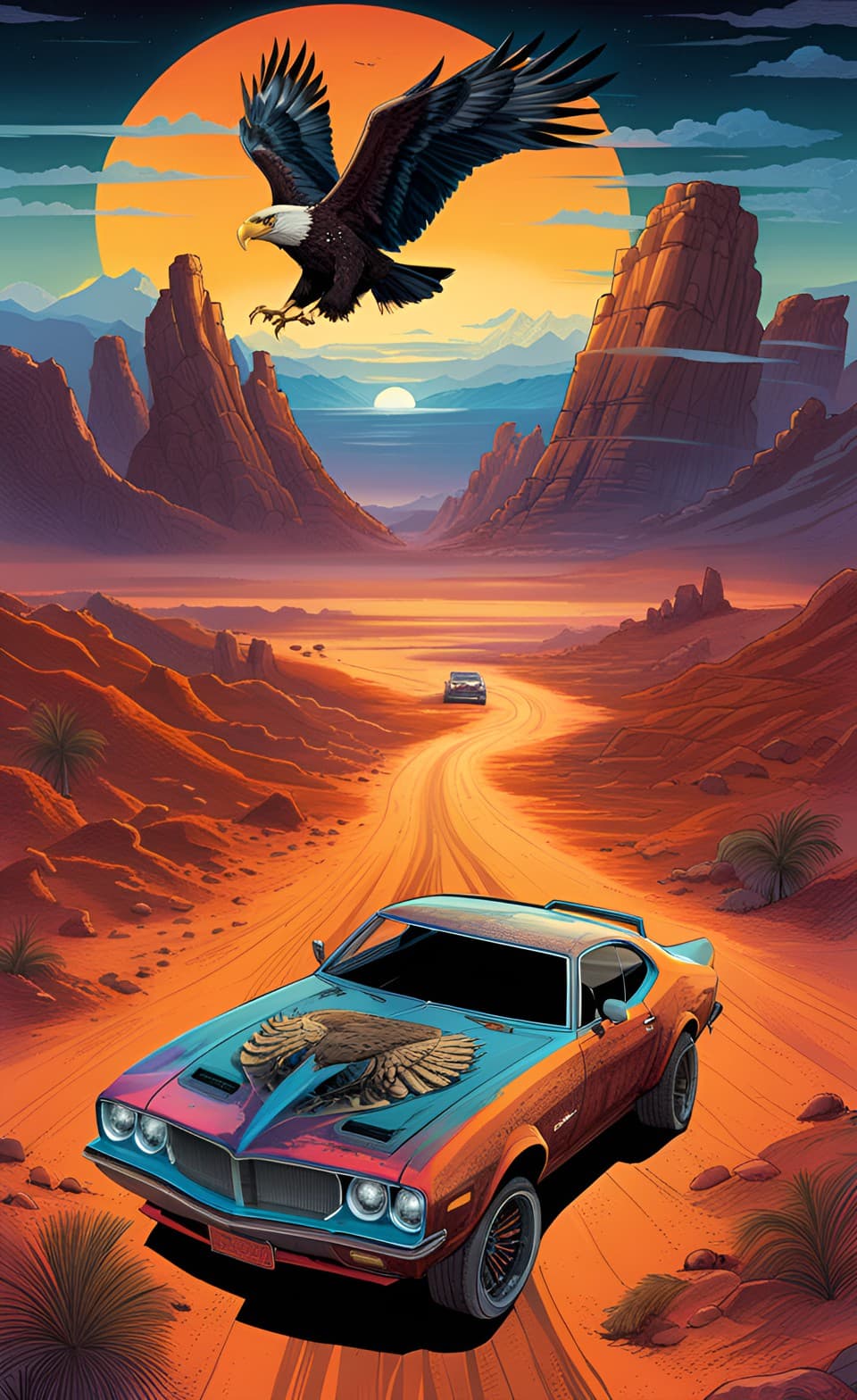 AI generated: A Grunge Comic style poster, in a desert mountain theme setting, of a classic muscle type car, custo...