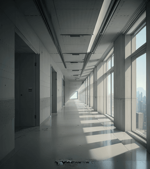 AI generated: hyperrealistic photograph of the interior of a hallway of a building in which you can see a wall wit...