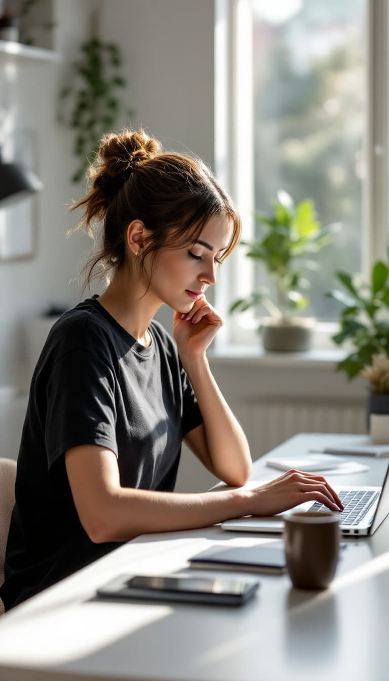 AI generated: modern, minimalist workspace, focused designer woman at a white desk, surrounded by objects of produ...