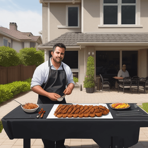 AI generated: Create a photo of a person who is selling roast to his clients in front of his house with a grill, t...