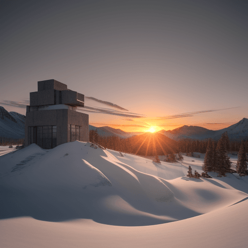 AI generated: Photo of a ultra realistic Research center, mountain building, circle and square shapes, dramatic li...