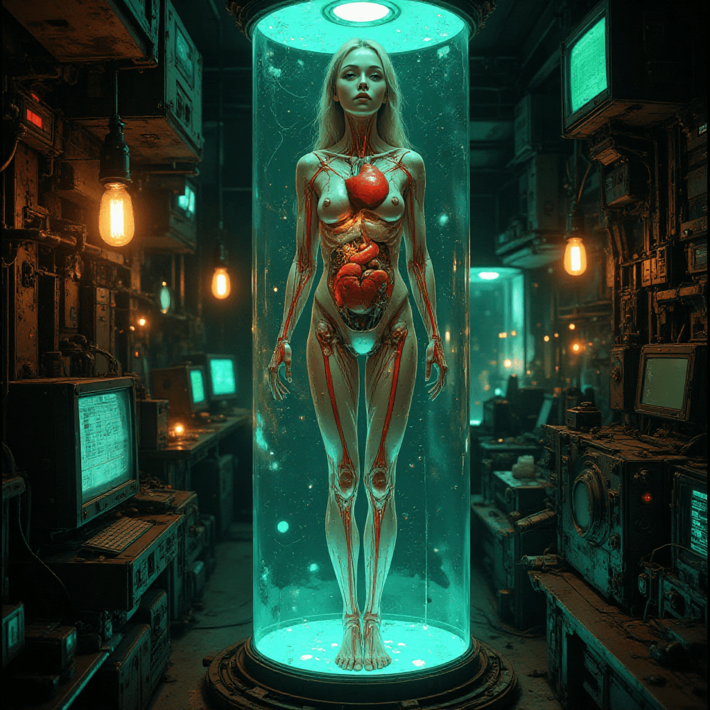 AI generated: (Primary Subject: Woman, Transparent Body, Internal Organs Visible, 1.6 weight), suspended mid-air w...