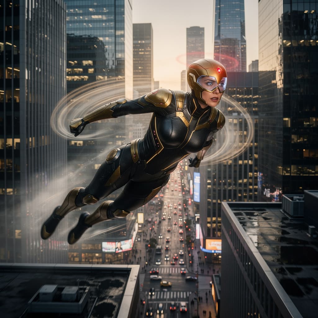 AI generated: “Cinematic Hollywood VFX shot of a futuristic female superhero flying at extreme speed between real ...