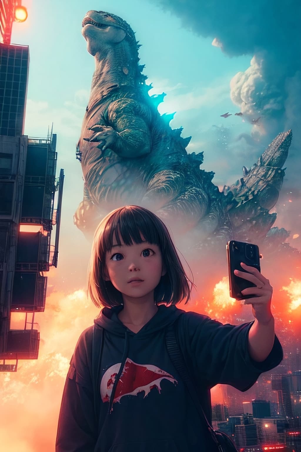 AI generated: (girl taking a selfie:1.2), (in the background godzilla is destroying a city:1.2), (people panicking...
