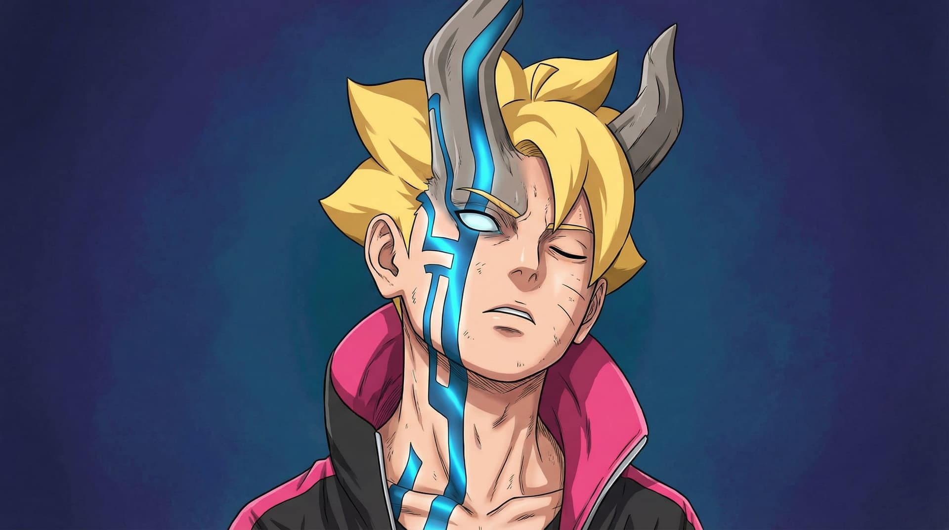 AI generated: boruto, 1boy, right two horns, face right line blue, anime, body details, skin details, left eyes cl...