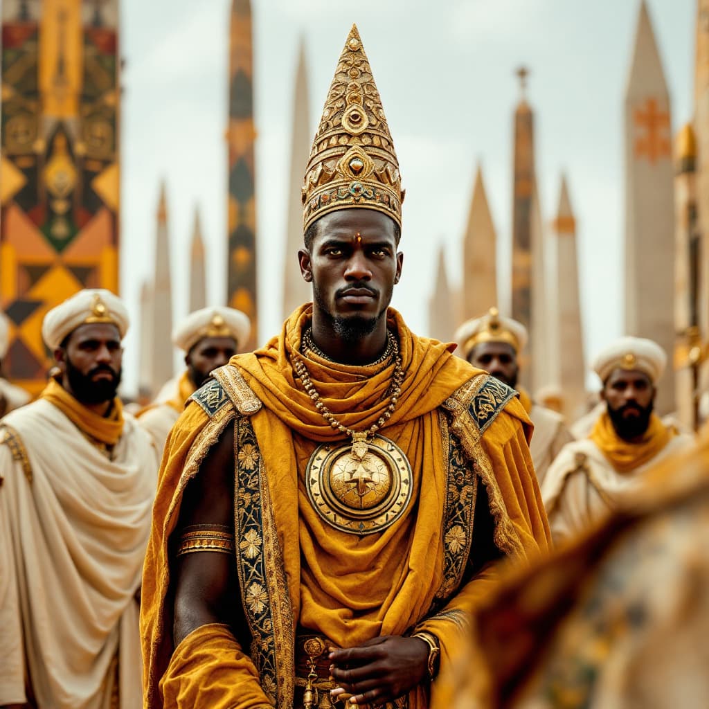 AI generated: Phot of the axumite king Ezana in front of the obelisks of Aksum, he has distinct habesha features a...