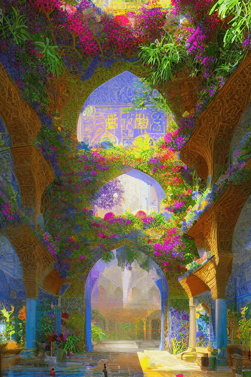 AI generated: Persian architecture, temple volume atrium light, hanging gardens, vibrant flowers, colorful archite...