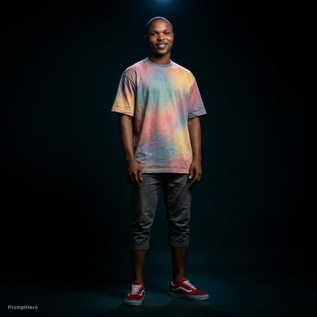 AI generated: fashion photograph, front shot, full body, male model, gaze to front, provocative stare, short styli...